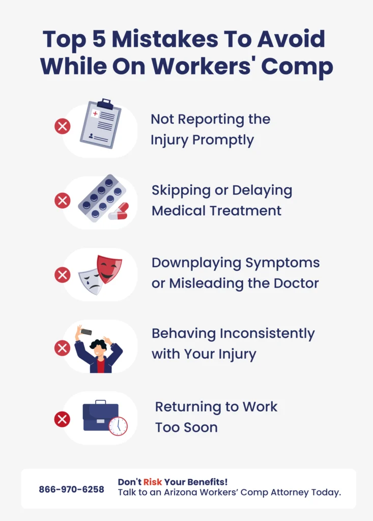 An infographic listing common mistakes to avoid while on workers' compensation.